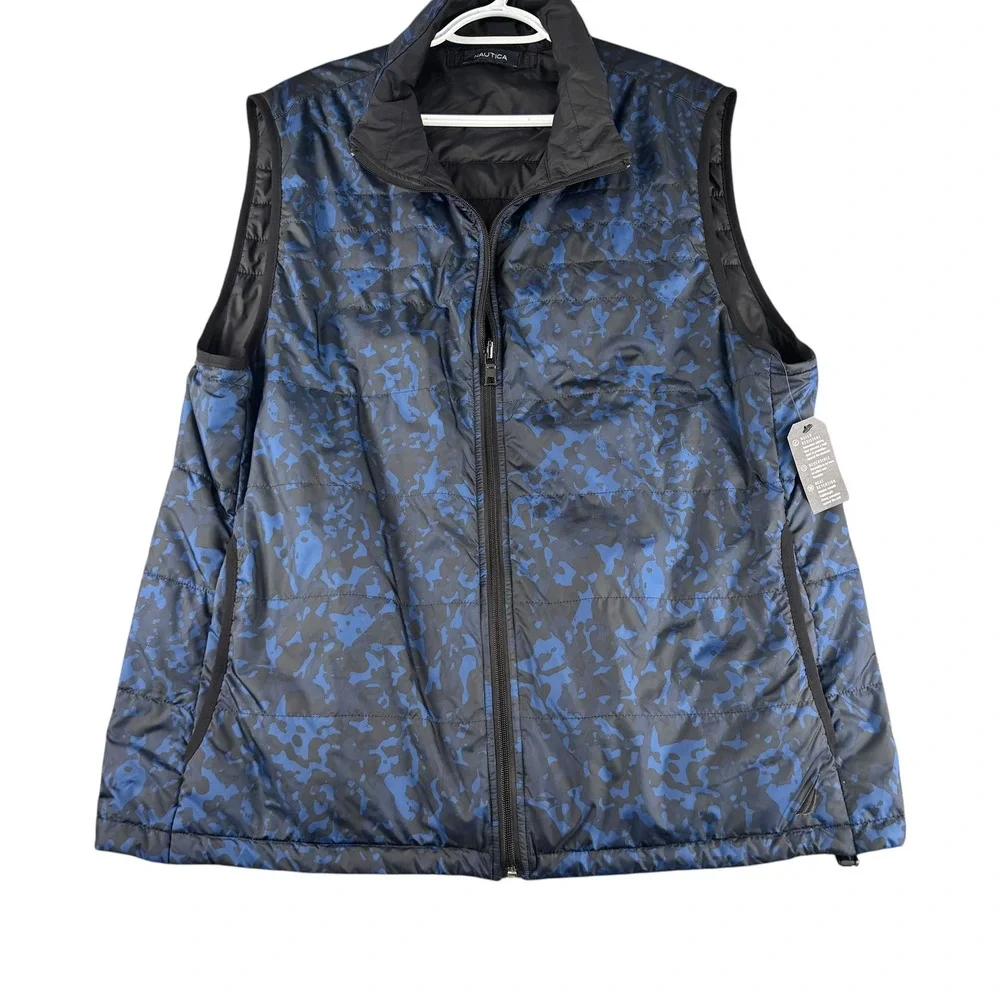 Nautica Reversible Puffer Vest Mens Camo Blue Black Water Resistant Quilted NEW